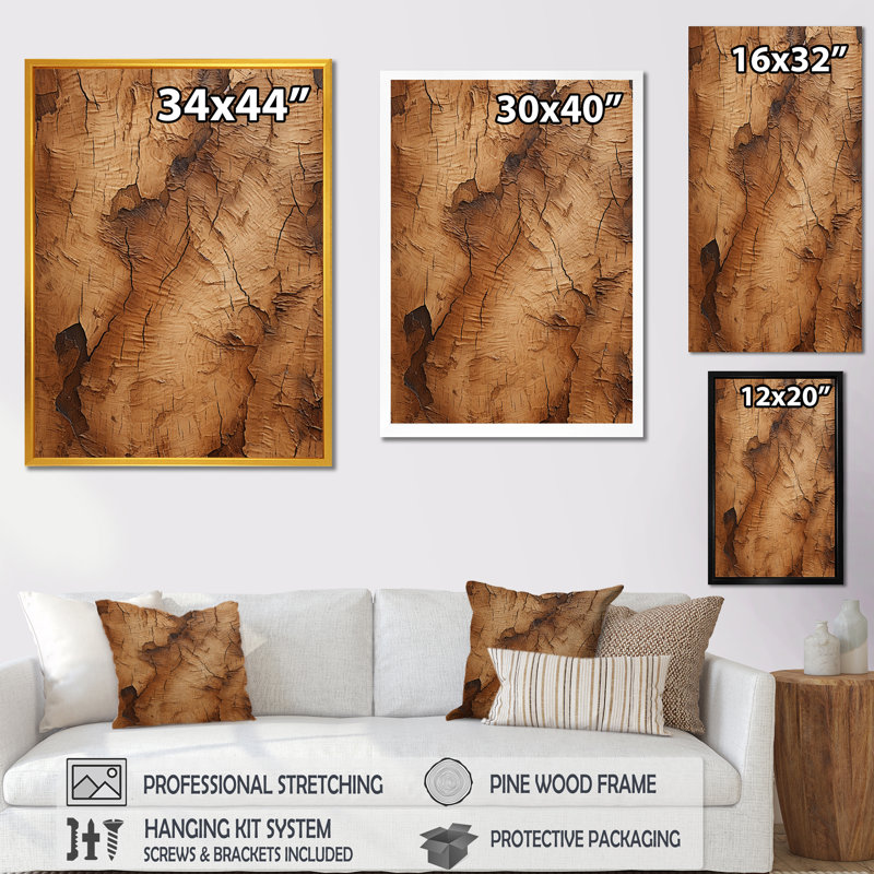 «Brown Tree Bark Essence 5», art mural arbre, H 32 po x l 16 po x P 1 po, Toile tendue