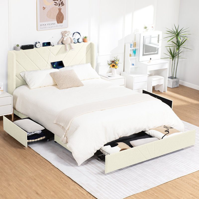 Bed Frame with Headboard and 3 Storage Drawers, Upholstered Platform Bed with Charging Station, Steel Slat Support, No Box Spring Needed, Easy Assembly