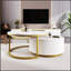 Table basse gigogne ronde moderne avec motif cannelé et tiroir, blanc et or, 27,6 po