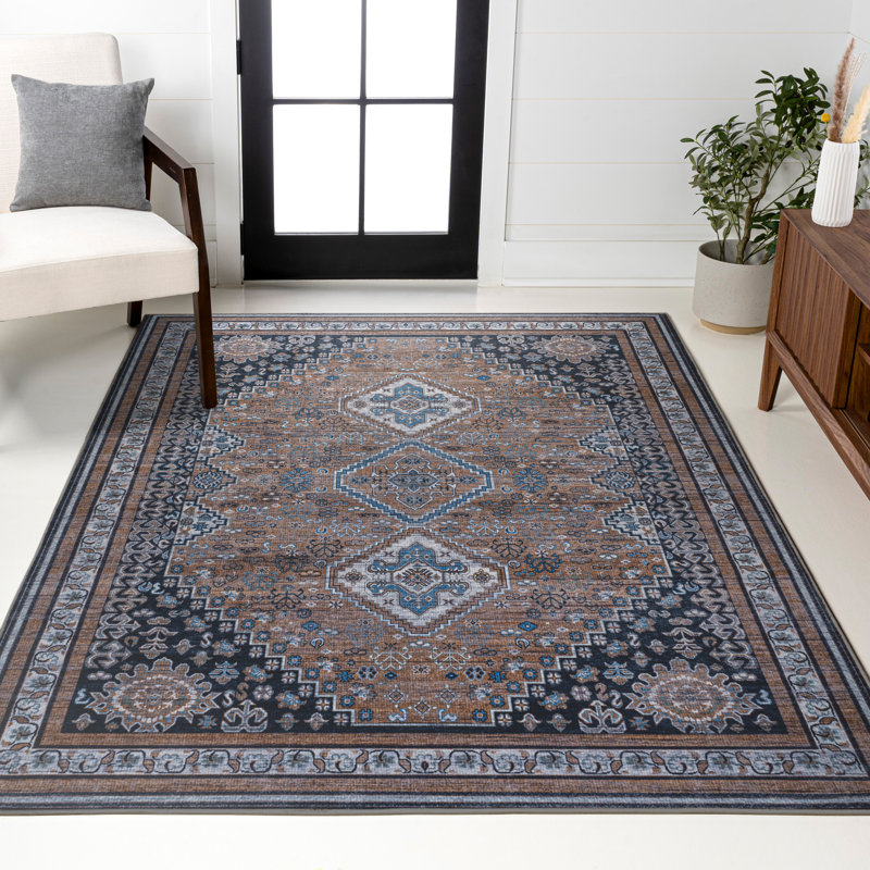Dalyan Geometric Medallions Machine-Washable Brown/Blue/Grey Rug, Rectangle 7'10" x 10'