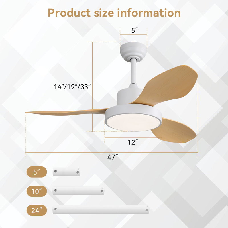 Ventilateur de plafond 47 pouces avec lumière DEL 22W et télécommande 6 vitesses moteur à courant continu blanc pour le salon