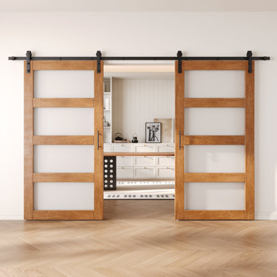 Homacer Early American Double 36in x 80in 4-Lite Glass Design Unassembled & Finished Barn Doors with Non-Bypass Installation Hardware Kit, 13ft track, interior use only