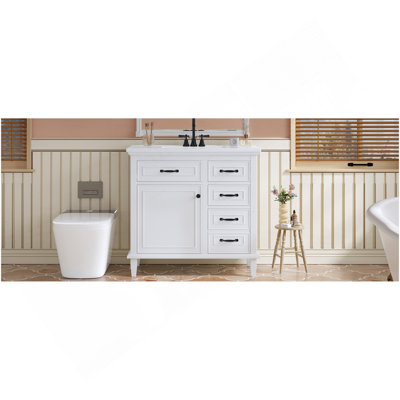 36 Inch Bathroom Vanity With Ceramic Sink Top, Wood Frame, MDF & Poplar Cabinet, Flip Drawers, Adjustable Shelf, And Zinc Alloy Handles, Freestanding Storage Cabinet (Faucet Not Included)