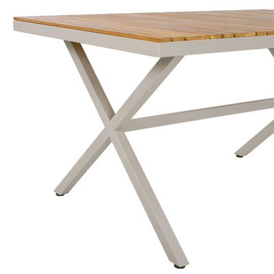 Teak Wood Top with Beige Steel Frame Outdoor Dining Table, 55.12" Rectangular Patio Table with X-Shaped Legs, Weather-Resistant for Backyard, Garden, Deck and Poolside