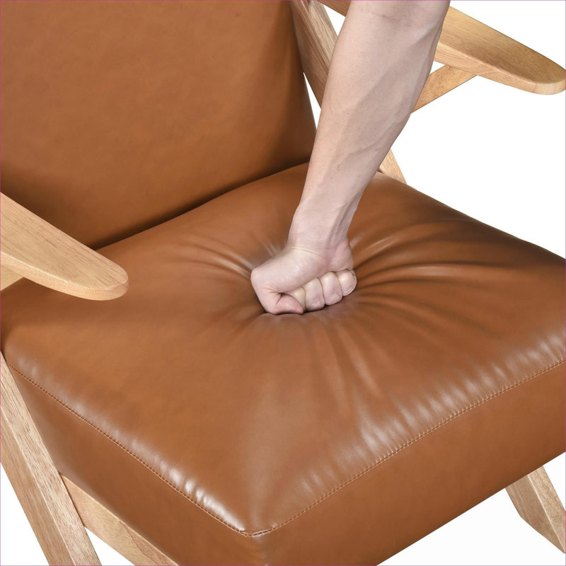 Fauteuil d'appoint compact avec structure en bois d'hévéa et revêtement en similicuir brun pour le salon, Brun, Naturel