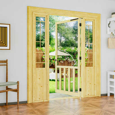 Porte d'entrée moustiquaire H 80 po porte d'entrée extérieure en bois de pin à peindre anti-insectes pour animaux avec poignée de porte moustiquaire et ensemble de fermeture automatique