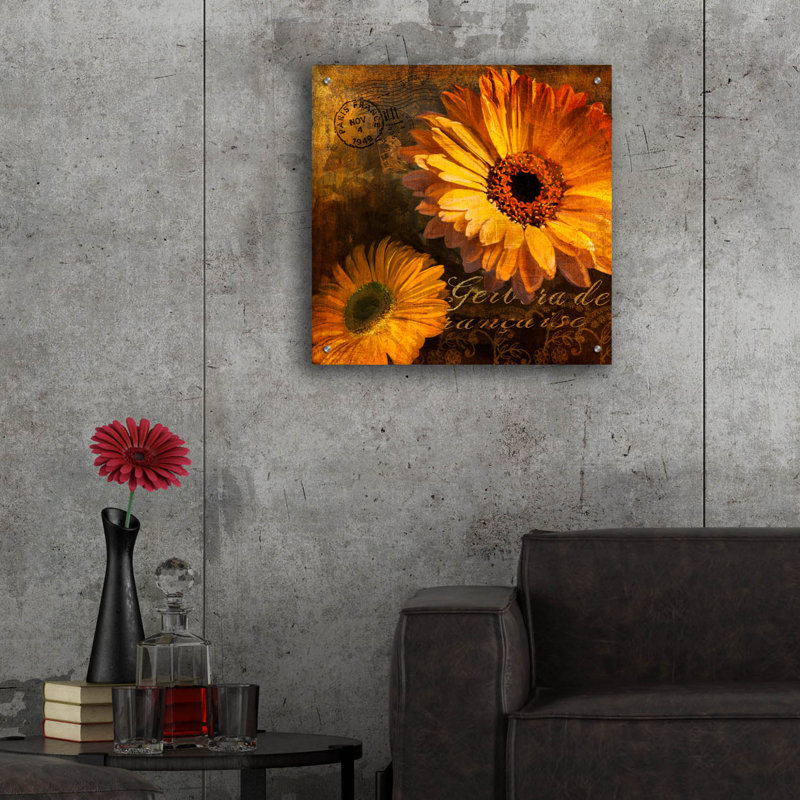  «Golden Gerbera 4» par Art Licensing Studio, art mural en verre acrylique, H 24 po x l 24 po x P 0,2 po