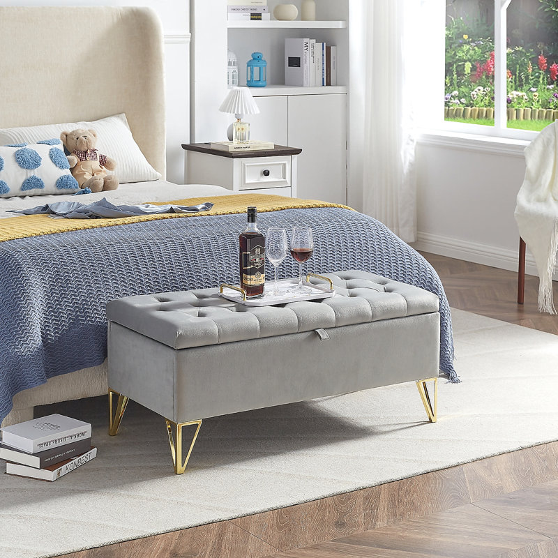 Velvet Fabric  Upholstered Large Storage Rectangular Bench