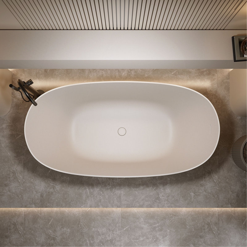 Baignoire de trempage autoportante en résine de 57 po à surface solide avec trop-plein et bonde escamotable 57 po, Beige