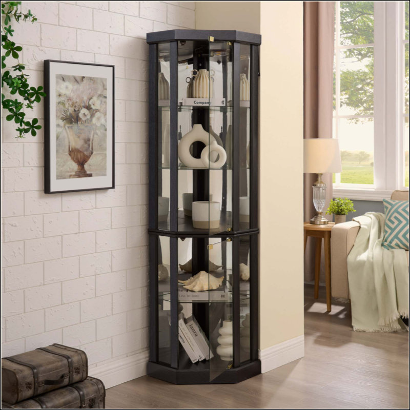 Lighted Corner Curio Cabinet - Elegant Glass Display Case For Living Room & Bar Storage - For Antique Collections & Wine - Includes Built-In Lighting