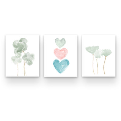 Mint Flowers with Pastel Hearts, Paper Prints