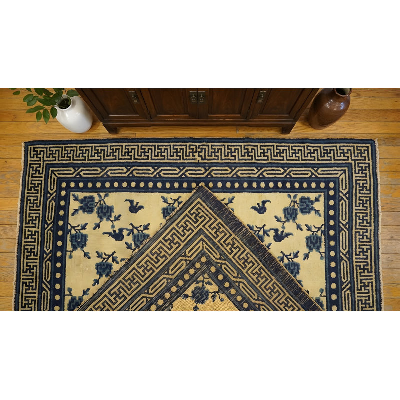 Antique Ningxia Chinese Geometric Beige 1850s Rug