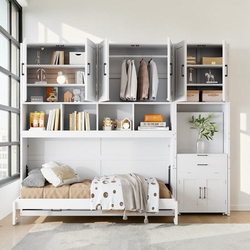 Lit escamotable simple de taille simple avec garde-robe et 2 tiroirs de rangement, configuration d'armoire gauche / droite personnalisable, lit mural sans sommier