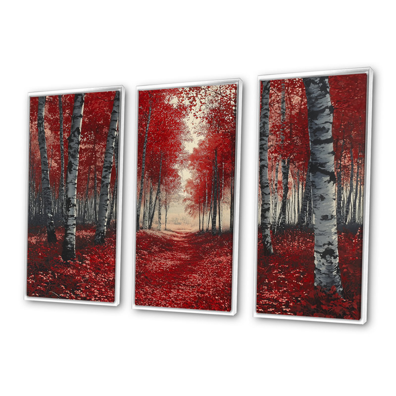 Bouleaux rouges, chemin forestier, Panorama II - ensemble d'art mural forêt, Toile encadrée flottée blanche