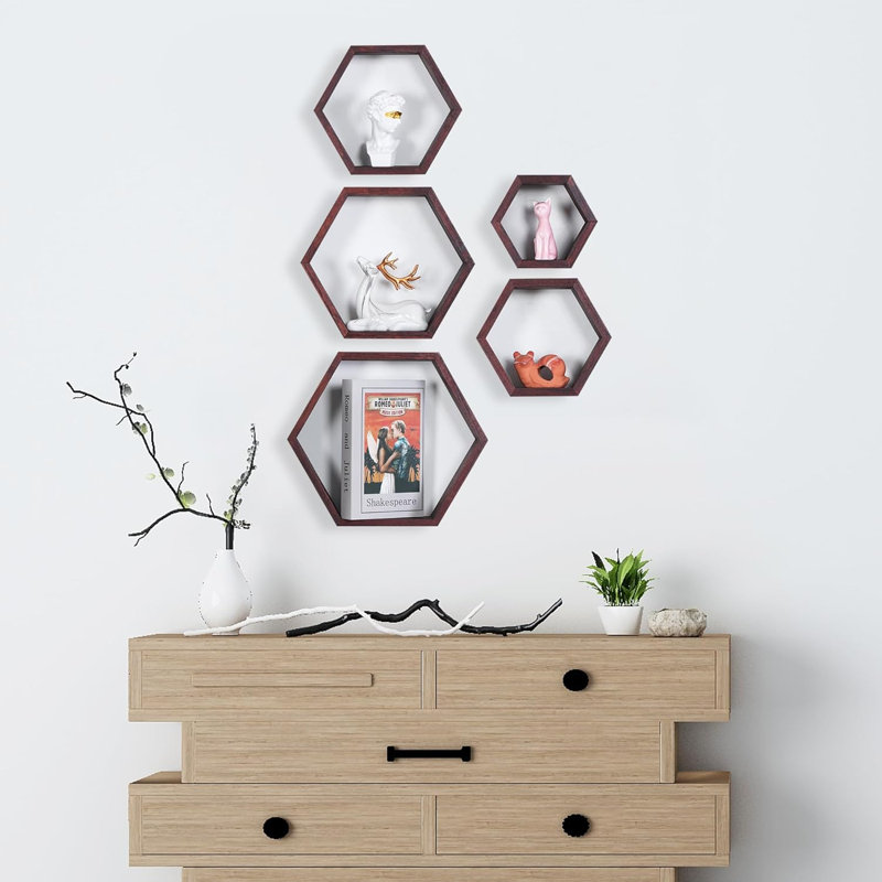 Ensemble de 5 tablettes flottantes Hexagon, Bois naturel