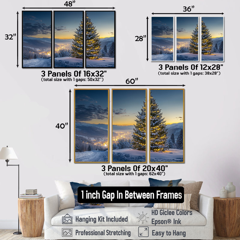 Arbre de Noël bleu vert - ensemble de décoration murale de Noël, H 28 po x l 36 po, Cadre noir