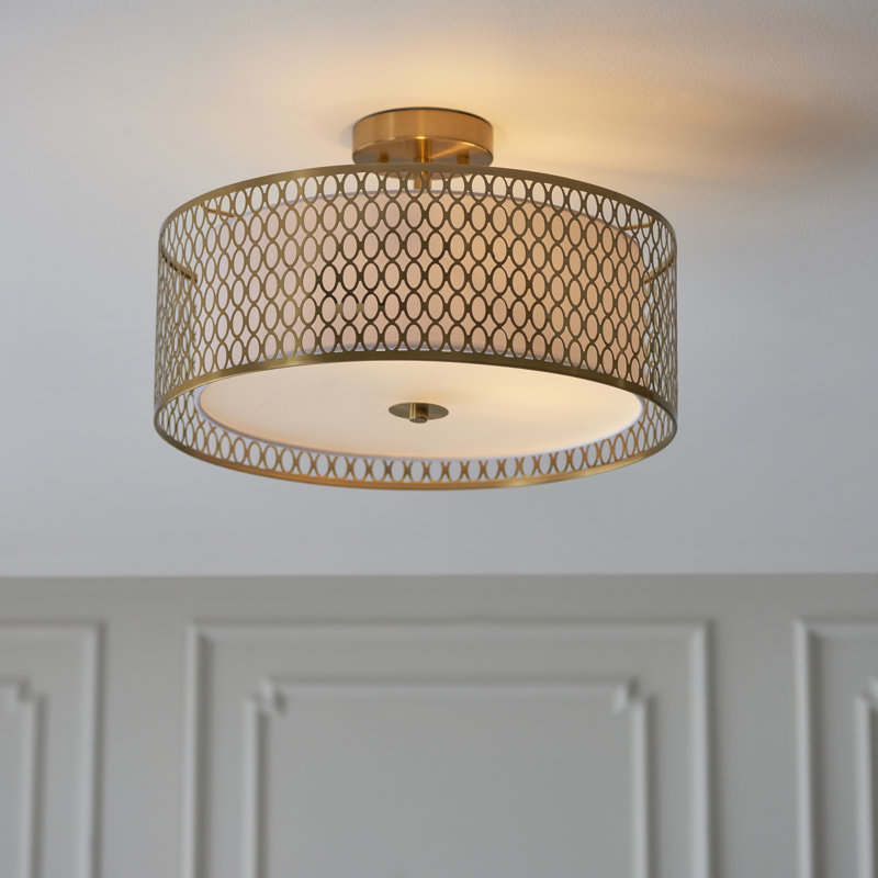 Erika Semi Flush Mount, Gold Effect/White Fabric/Frosted Glass