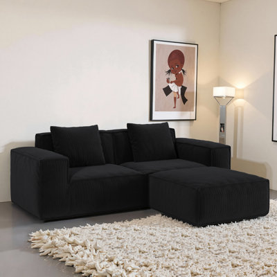 Canapé-lit modulaire noir à 3 places convertible en velours de velours côtelé doux, profond, profond, surélevé et petits coussins pour la détente