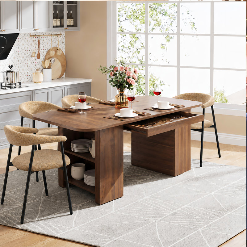 71" Modern Storage Dining Table Set with Storage Base & Upholstered Chairs, Ensemble de cinq pièces : table, quatre chaises
