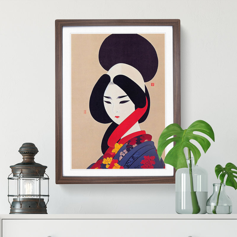 Charming Geisha - Single Picture Frame Print, 46cm H x 34cm W x 2cm D, Walnut