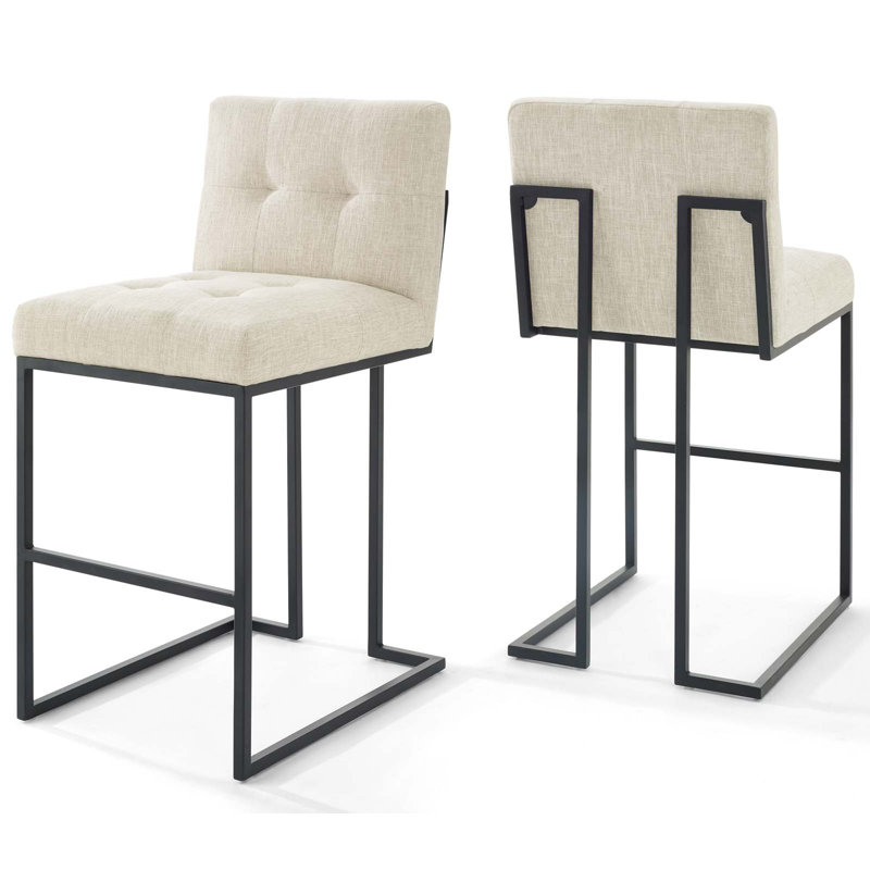 Privy Black Stainless Steel Upholstered Counter Stool, Beige Polyester Blend, Bar Stool (27.5" Seat Height)