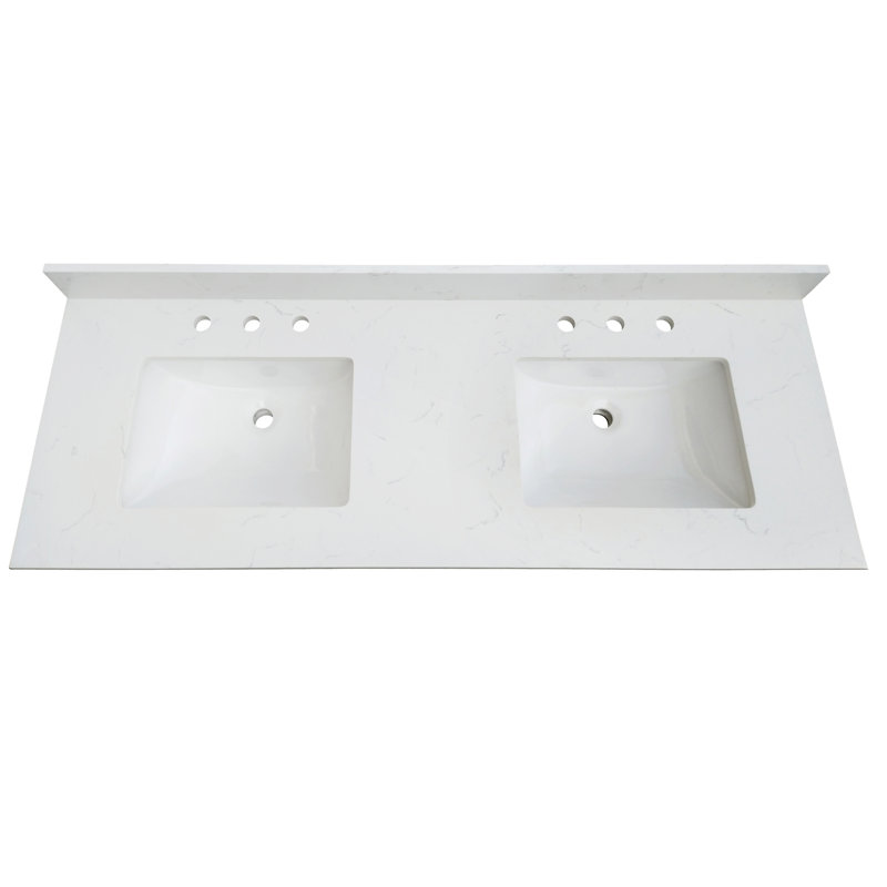 Plan de toilette en quartz blanc de Carrare avec double lavabo et dosseret, Château de pierre