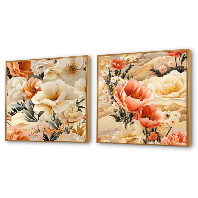 Boule - Ensemble de 2 collages carrés floraux, H 16 po x l 33 po, Cadre flottant doré
