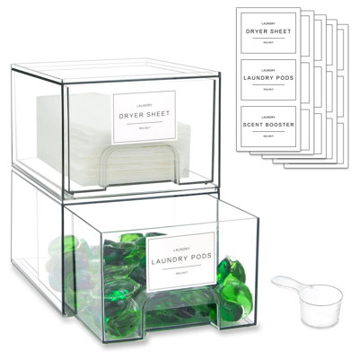 4 Pack Stackable Clear Laundry Storage Drawer Organizer Set with Labels