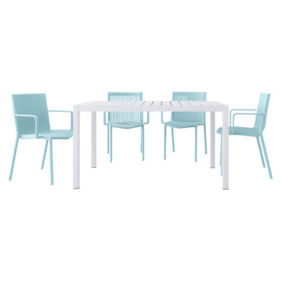5-Piece Modern Outdoor Patio Dining Set - White Metal Table & 4 Stackable Light Blue PP Armchairs - All-Weather Resistant Garden Furniture