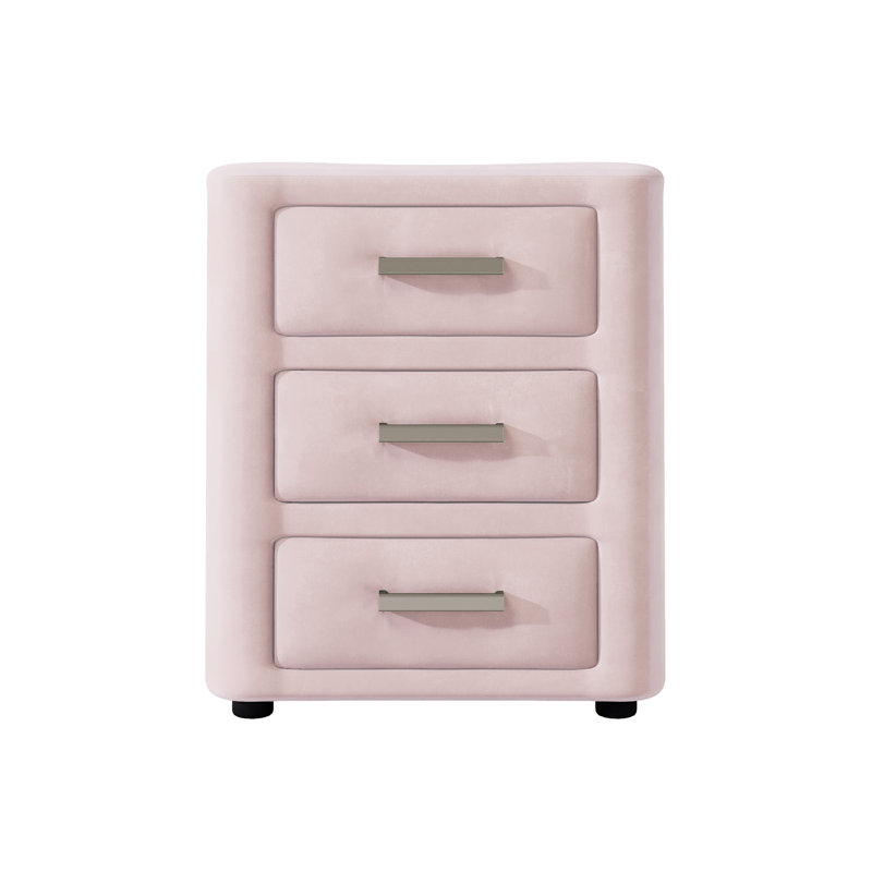 Nightstand, Upholstered Bedside Table with Vertical Storage Compartments, Compact Frame, Pink