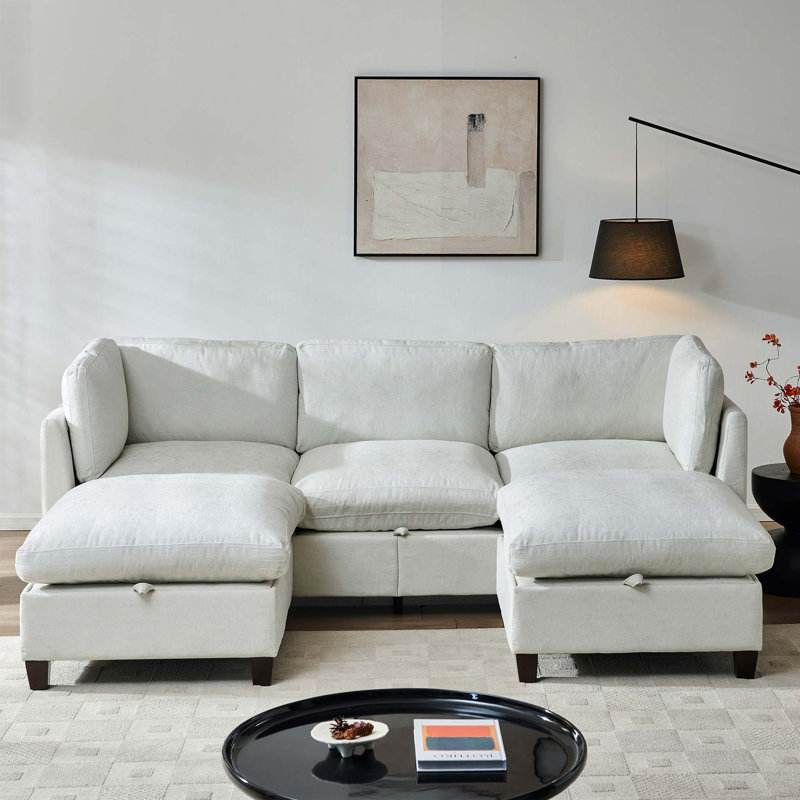 Canapé modulaire en U avec revêtement en chenille et rangement intégré, Beige