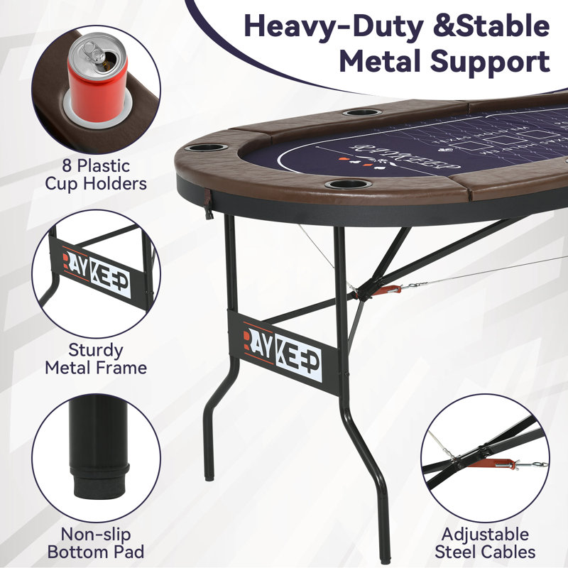 71'' 8 - Player Foldable Poker Table With Padded Rails And Cup Holders, Brown