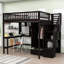 Lit mezzanine 1 tiroir en bois avec bureau intégré, tablettes et armoire Idalina-1241506438-1241506491