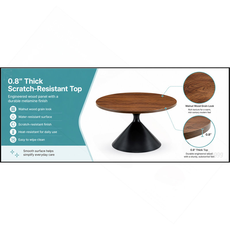 Ensemble de tables basses rondes 2 pièces, plateau de table à motif noyer avec base en acier, table basse multifonctionnelle (noir et noyer)