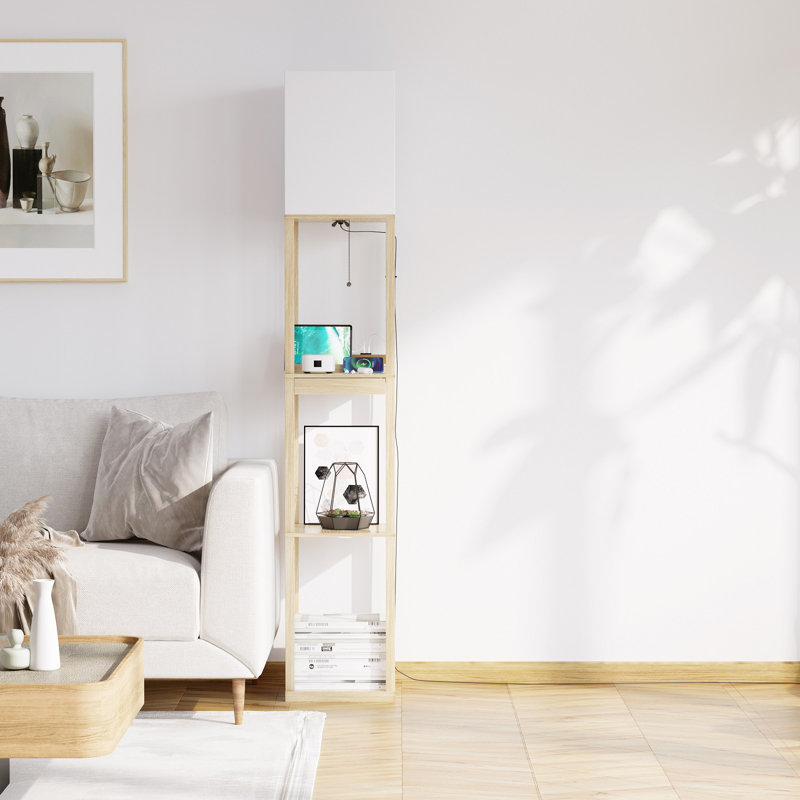 Latitude Run 63" Column Floor Lamp with Outlet and Drawer, Wood Color