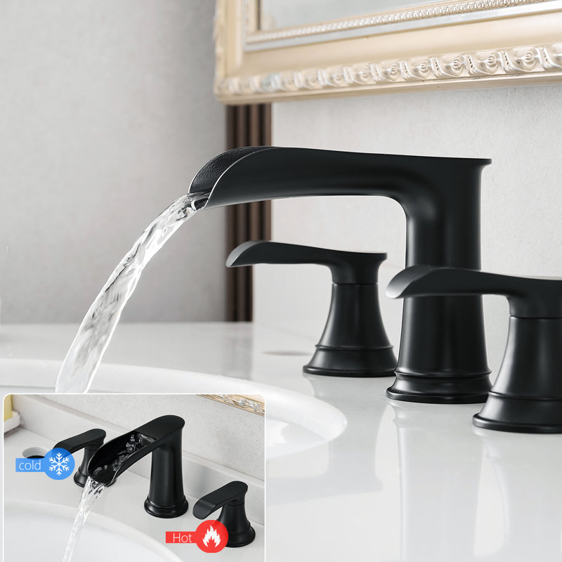3 Hole Bathroom Sink Faucet - 8 Inch Widespread Black With Double Lever Handle And Hose Basin Side