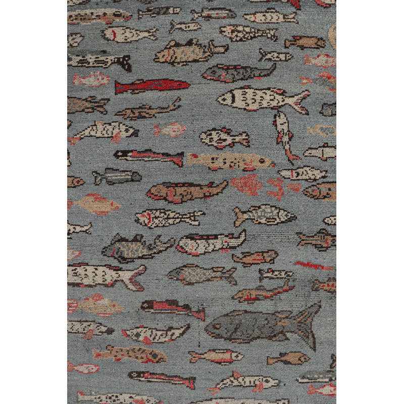 Rug & Kilim’S Custom Runner Rug In Blue With Colorful Fish Pictorials, Runner 3' x 14'
