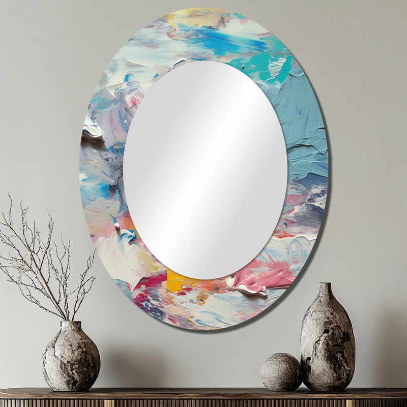 «Summer Memories» abstrait en blanc et bleu I - grand miroir mural ovale sur métal, 40 po x 30 po