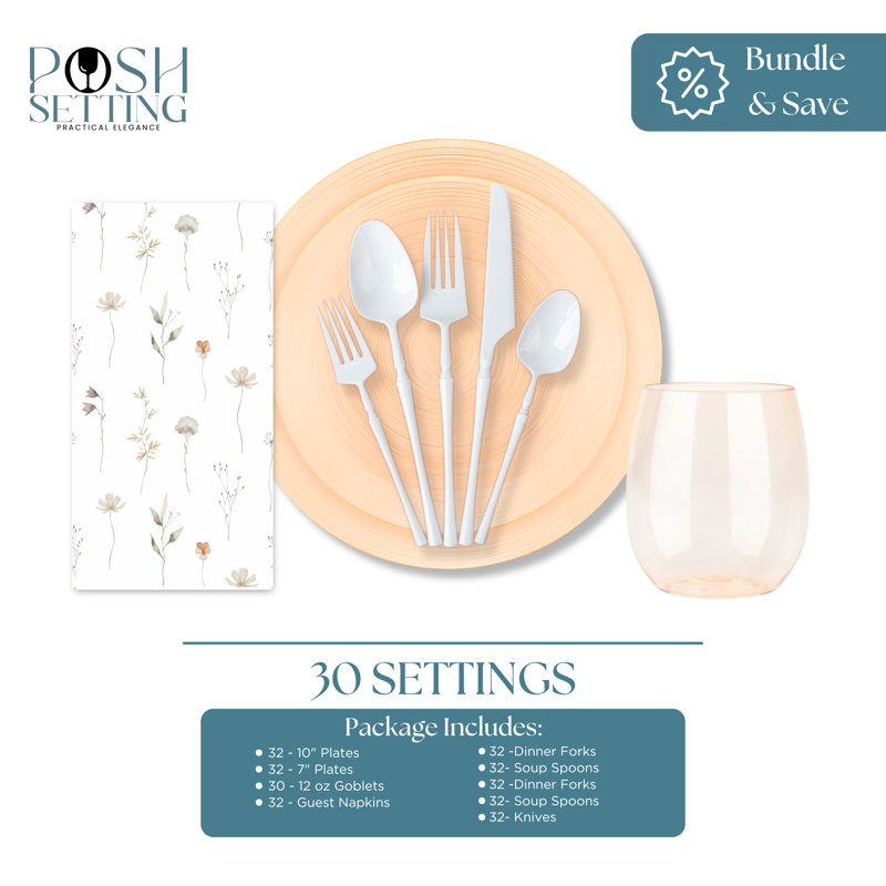 Ensemble de fête jetable en plastique de qualité supérieure Peach - conception en cristal (30 réglages)