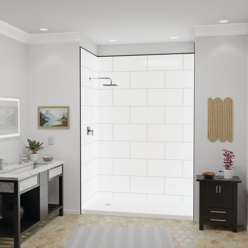 Entoure de mur de douche en bloc gris / blanc l 60 po x P 36 po x H 80 po Flexstone avec garniture en nickel brossé (3 pièces)