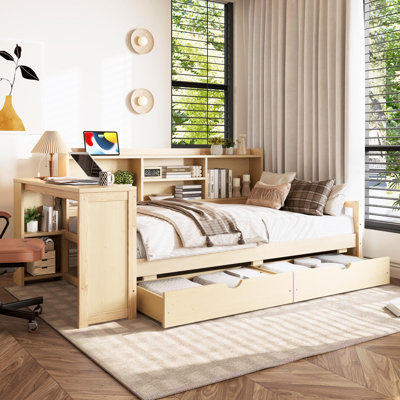 Twin Size Corner Daybed With Storage Drawers & Desk & Charging Port & Bookcase Of Natural Colour