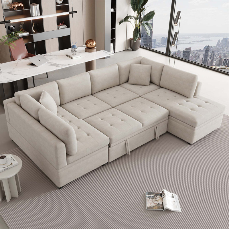 Canapé en chenille avec accoudoirs carrés, Beige