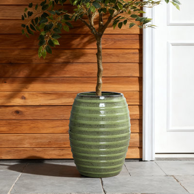 17.7" Green Ceramic Planter, Round Ribbed Pot for Flowers, Greenery, or Plants