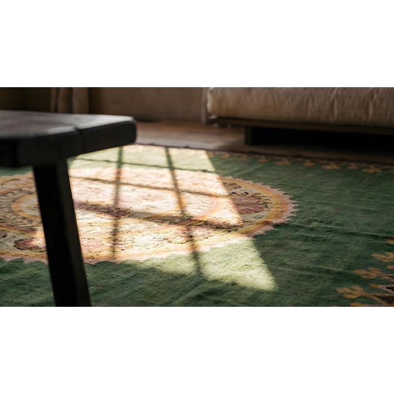 Green Antique  First Empire Floral Medallion Design French Aubusson Rug