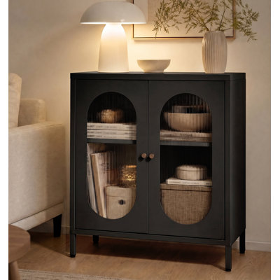 Meuble d'entrée avec portes en verre trempé, acier au carbone thermolaqué antirouille, tablette amovible et réglable, fermeture magnétique, idéal pour coin café et buffet.