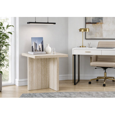 Table d'appoint en stratifié aspect pierre travertin beige, table de chevet moderne en panneaux de particules, table de chevet multifonctionnelle pour salon et chambre, table d'appoint contemporaine en forme de A