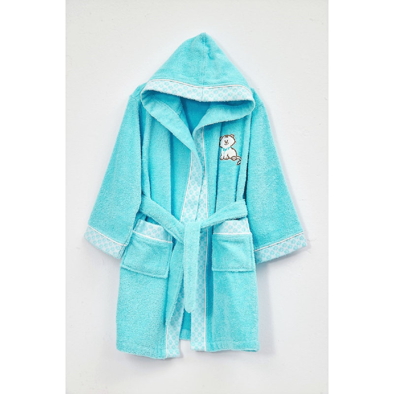 Broderick Terry Cloth Gender Neutral Mid-Calf Bathrobe with Pockets and Hood, M, Turquoise