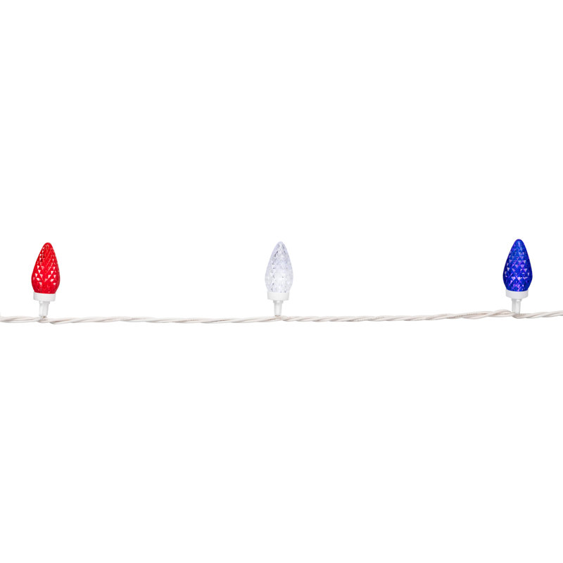 Patriotic LED C9 Faceted Christmas Lights - Red White And Blue - 66' White Wire - 100Ct