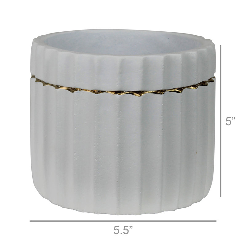 Scalloped Gold Band Pot Planter, White