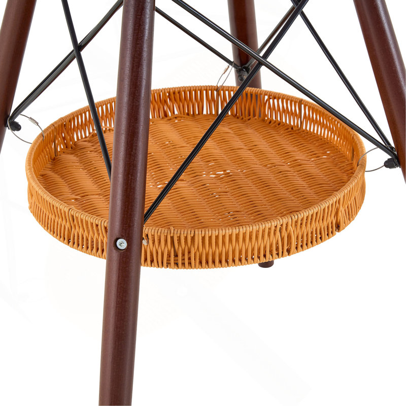 Table de salle à manger circulaire de 31,5 pouces de diamètre, plateau de table en panneau de fibres à densité moyenne noir, pieds en bois massif de noyer, avec structure de panier de rangement tissé suspendu. Une table basse décontractée pouvant accueillir de 2 à 4 personnes.
